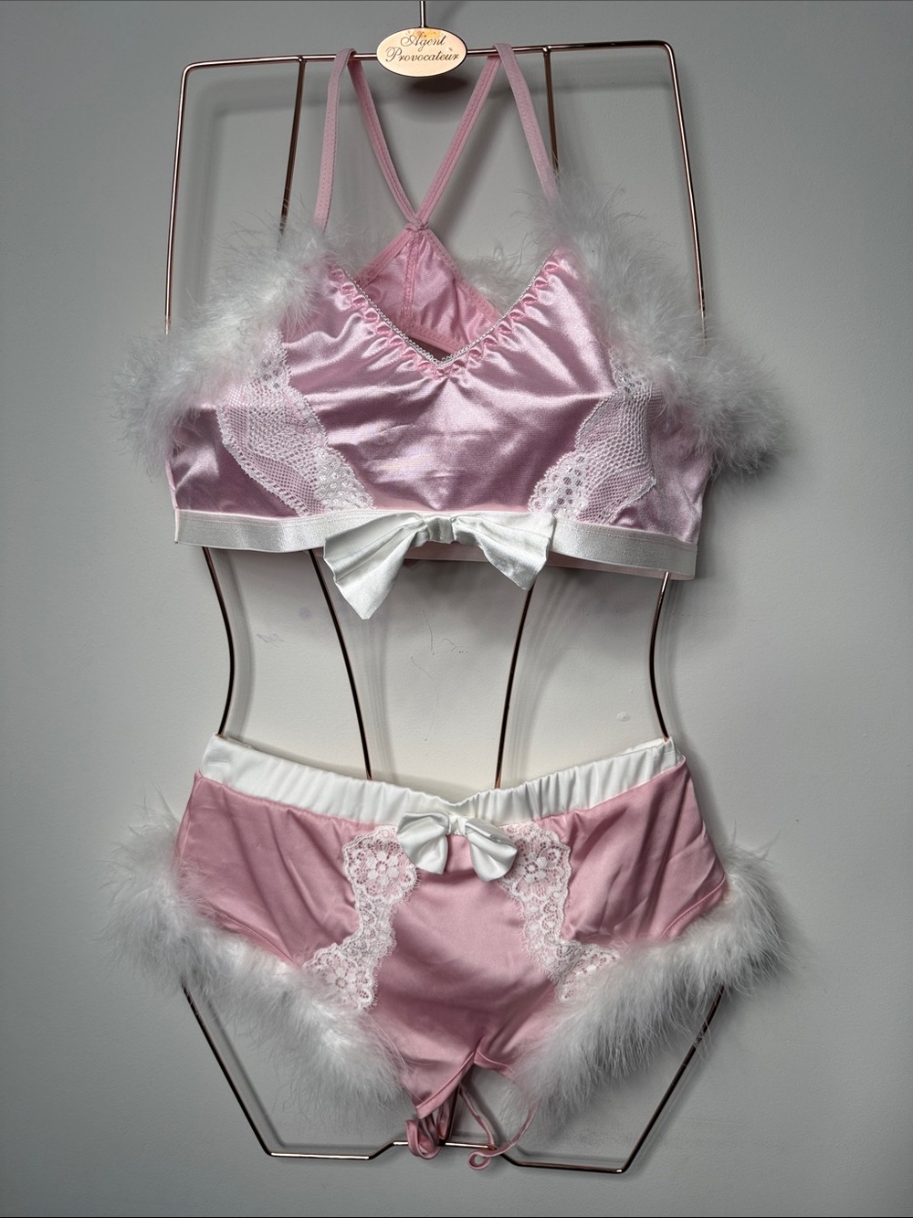 Fashion Nova Pink Satin Marabou Trim Bra & Brief Set